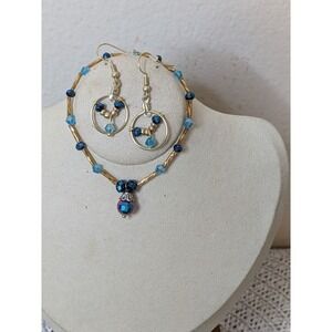 Blue Crystal Bead Necklace and Earrings Set Gold Tone Beaded Jewelry